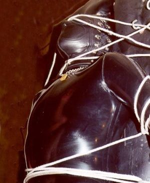 Rubber encased bondage slave (me), hooded, gagged and roped to a bondage board.